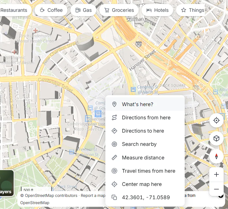 The menu that opens when you right-click the map: What's here, Directions from here, Directions to here, Search nearby, Measure distance, Travel times from here, Center map here and the coordinates