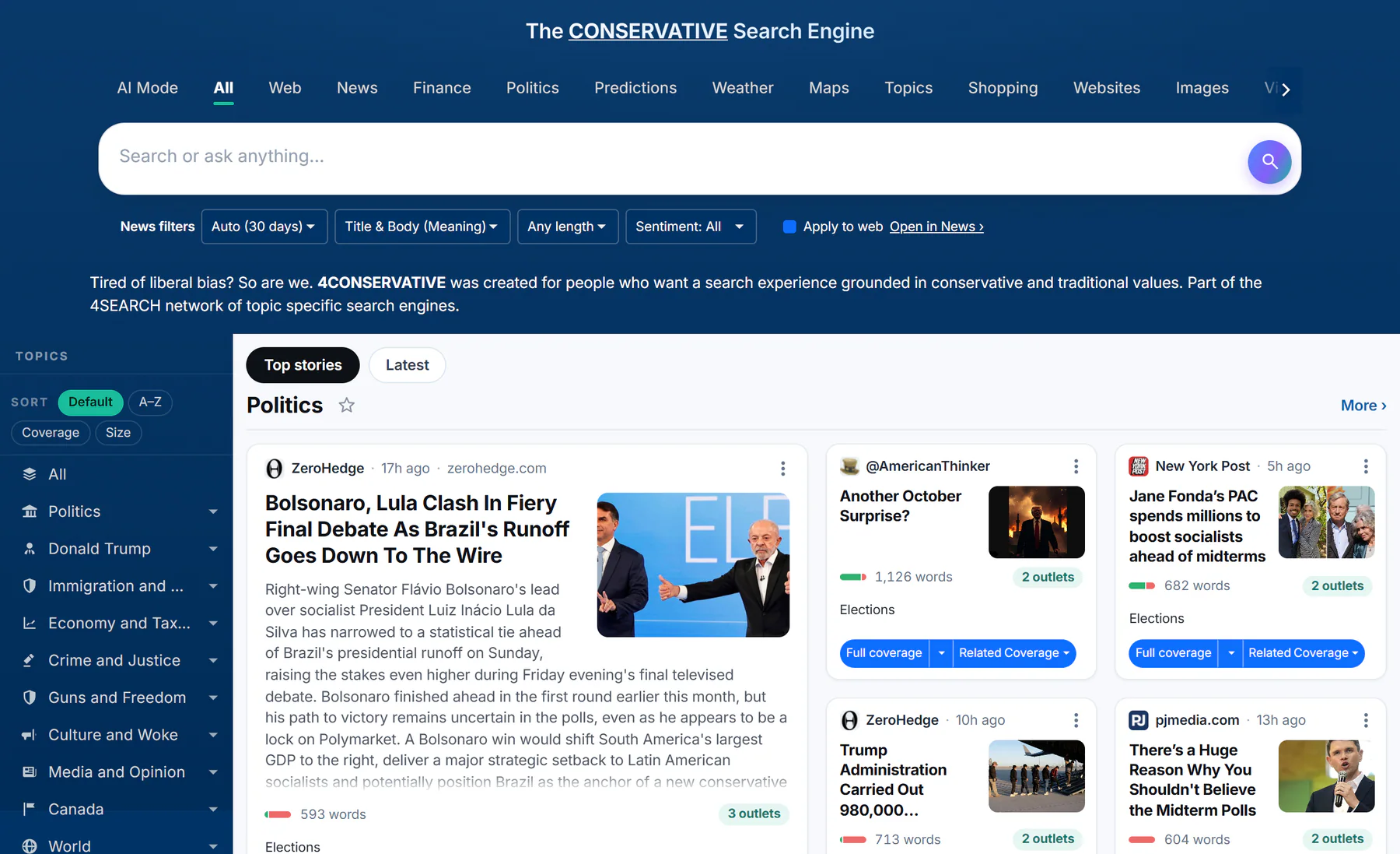 The 4Conservative home page: a different tagline and colors, the full row of tabs including Finance and Politics, and a topics list about politics and culture